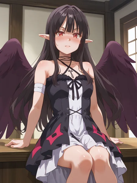 score_9, score_8_up, score_7_up, score_6_up, score_5_up, score_4_up, source_anime,cinematic shadow, detailed hands,character focus, detailed skins, perfect curvy small breasts, body blush,<lora:StS_PonyXL_Detail_Slider_v1.4_iteration_3:4>,( cowboy shot:1.4), high resolution,anime screencap, anime coloring, ultra detailed,8K,16K,32k,64k,128k,256k,ultra-detailed,best quality, <lora:zPDXLxxx+:1> zPDXLxxx, <lora:zPDXLpg+:1> zPDXLpg,<lora:Eve_Reese:1>,evereese, bangs, black hair,very long hair, pointy ears, red eyes, evereesedress, bare shoulders, collarbone,feathered wings, black wings, sleeveless, black dress, black ribbon, halterneck,criss-cross halter, bandages,jewelry, necklace,<lora:StS_age_slider_v1_initial_release:-0.7> , sitting,