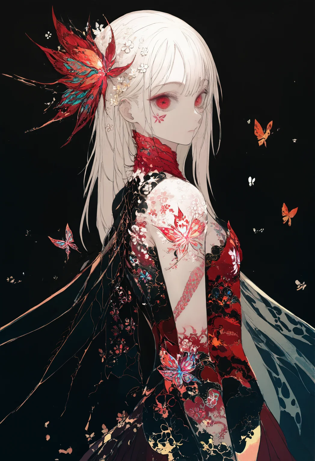solo, black background, long hair, bug, 1girl, flower, butterfly, hair ornament, red eyes, tattoo, hair flower, looking at viewer, 1boy
, ,,,, masterpiece,best quality,very aesthetic,absurdres
<lora:monfornoob:0.95>