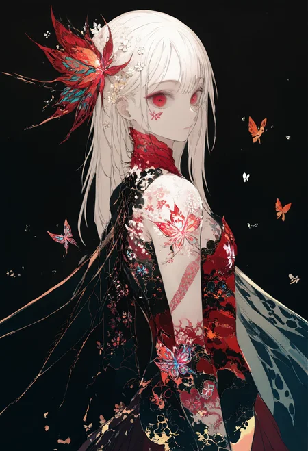 solo, black background, long hair, bug, 1girl, flower, butterfly, hair ornament, red eyes, tattoo, hair flower, looking at viewer, 1boy
, ,,,, masterpiece,best quality,very aesthetic,absurdres
<lora:monfornoob:0.95>