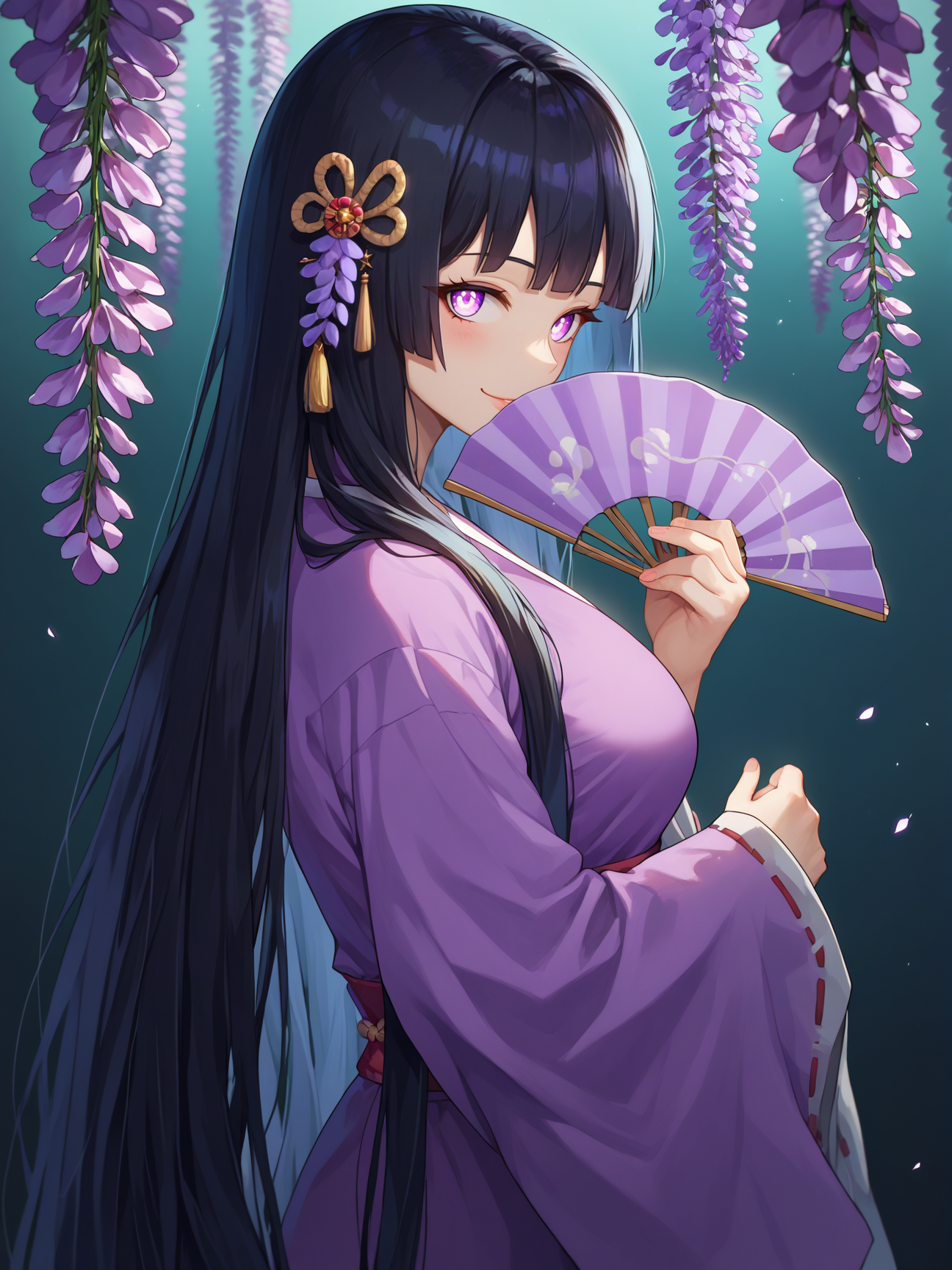 score_9, score_8_up, score_7_up, score_6_up, score_5_up, score_4_up, source_anime,
1girl, hime style hair <lora:hime_style_hair-PD-1.0-pruned:1>, black hair, purple kimono, (tsurime eyes), covering mouth with fan, wisteria, absurdly long hair, from side, beautiful, mature female, moonlight,
shimashiro_itsuki