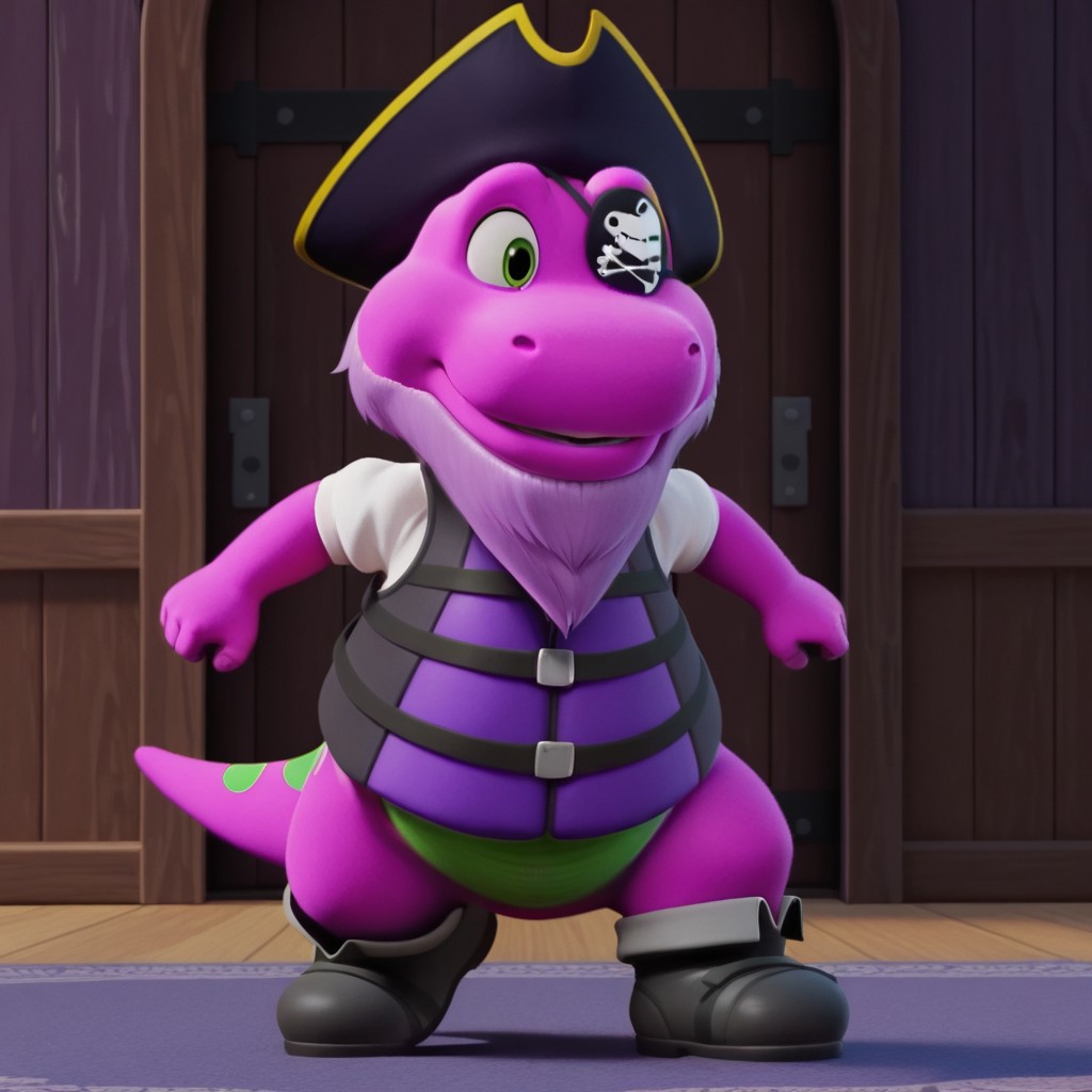 ((masterpiece, best quality, amazing quality,)) Barneybwil, semi-anthro, male, dinosaur, purple skin, green eyes, solo, inside, full body, pirate hat, purple beard, white shirt, black and purple life vest, black shoes, eye patch