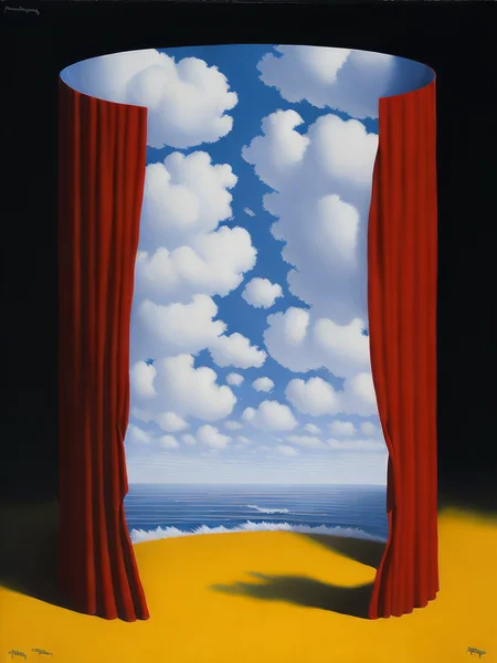 <lora:ReneMagritte:1>a painting of a red curtain with a view of the ocean