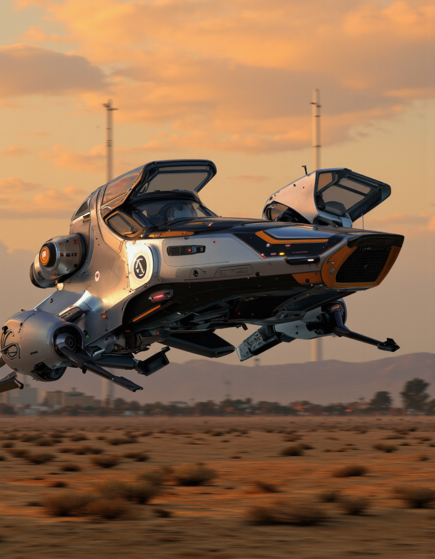Art by Andrian Luchian. A photo-realistic shoot from a low angle about a futuristic flying vehicle in motion during sunset. the image also shows a desert landscape with distant buildings in the distance. on the middle of the image, a futuristic silver and black vehicle with a sleek design and orange accents is flying through the air. the vehicle has a large, open-top cockpit and a sleek, streamlined body with a low-slung design. it appears to be in motion, with its wings spread wide, giving it a sense of movement. the background is blurred, but it seems to be an outdoor setting with a sandy texture and distant buildings. the sky is orange and warm, with a few clouds scattered across it. the lighting is soft and diffused, casting gentle shadows on the vehicle.