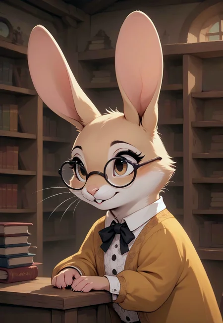 score_9, score_8_up, score_7_up, score_6_up, score_5_up, score_4_up, m0use_goldie, cuillu, (((rabbit))), feral, (cute:1.2), light beige fur, light brown eyes, glasses,
[][][][][]
A rabbit woman, viewed from the side, focused on her upper body as she puts away a book on a shelf in a library. Her long ears are perked up, and her soft, warm brown fur is visible. She is wearing a simple, elegant blouse. Her hands are in motion, actively placing a colorful book onto a wooden shelf. The background features neatly organized bookshelves filled with a variety of books, illuminated by soft, warm light that enhances the cozy atmosphere