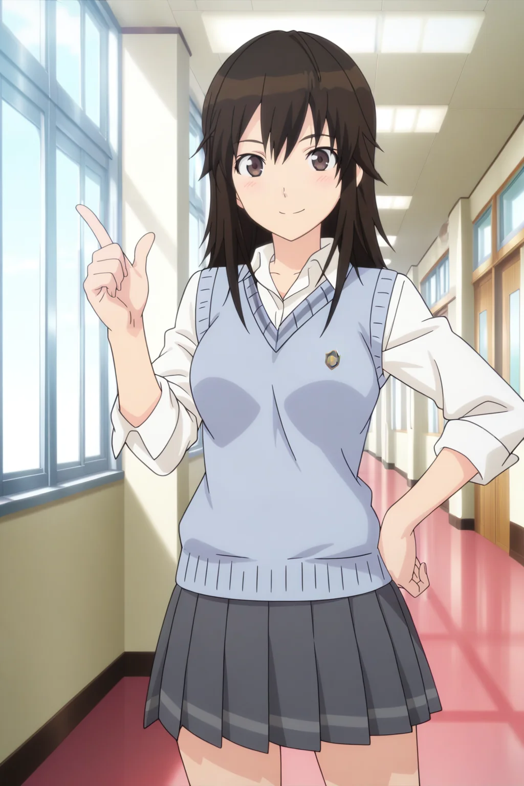 anime screenshot, miyamae tooru, 1girl, solo, black hair, long hair, brown eyes, medium breasts, kibito high school uniform, white shirt, collared shirt, long sleeves, blue sweater vest, grey skirt, pleated skirt, looking at viewer, smile, hand on own hip, index finger raised, cowboy shot, indoors, hallway, masterpiece, best quality, high quality, highres, absurdres, <lora:miyamae_tooru_ILXL:0.9>
