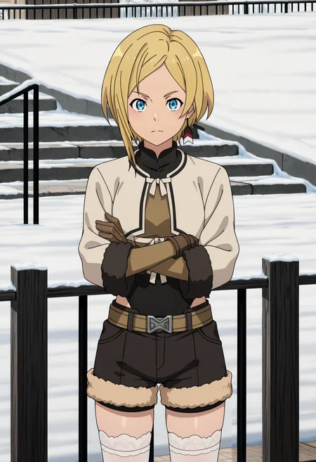 <lora:Sara_illustrious-000042:1>,
Sara,1girl,solo,shorts,looking at viewer,railing,gloves,snow,fur trim,brown gloves,thighhighs,black shorts,belt,closed mouth,long sleeves,crossed arms,white thighhighs,anime screencap