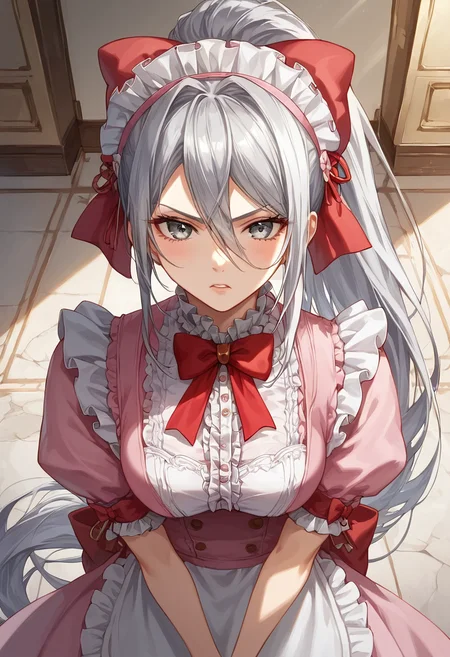 score_9, score_8_up, score_7_up, above the waist shot, standing,
, masterpiece, high quality, Expressiveh, best quality, , detailed, beautiful, detailed face, intricate details, highest quality-style, t, detailed background, beautiful eyes, detailed eyes, volumetric lighting, random pose, angry
BREAK
<lora:Felli_loss_-_Chrome_shelled_regios_-_V1:.7> felli, gray hair, gray eyes, 1girl, long hair, , pink maid, ponytail, red bow,
<lora:Eyes_High_Definition:0.25> eyeshd
<lora:Expressive_H:1> expressiveh