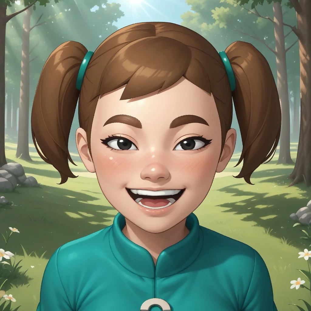 score_9, score_8, BREAK, solo, mii, wii, black eyes, brown eyebrows, blush, open mouth, dark greenish brown hair, twintails, dark green clothing, 1girl, female mii, wii sports, black pants, shoes, cute, breasts, Midori_(Wii_Sports), nintendo Mii, modern_mii, classic_mii, sexy pose, smile, outdoors, sunlight, shadows, evening lighting, natural lighting, forest, trees, grass, orange sky, sunset