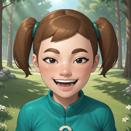 score_9, score_8, BREAK, solo, mii, wii, black eyes, brown eyebrows, blush, open mouth, dark greenish brown hair, twintails, dark green clothing, 1girl, female mii, wii sports, black pants, shoes, cute, breasts, Midori_(Wii_Sports), nintendo Mii, modern_mii, classic_mii, sexy pose, smile, outdoors, sunlight, shadows, evening lighting, natural lighting, forest, trees, grass, orange sky, sunset