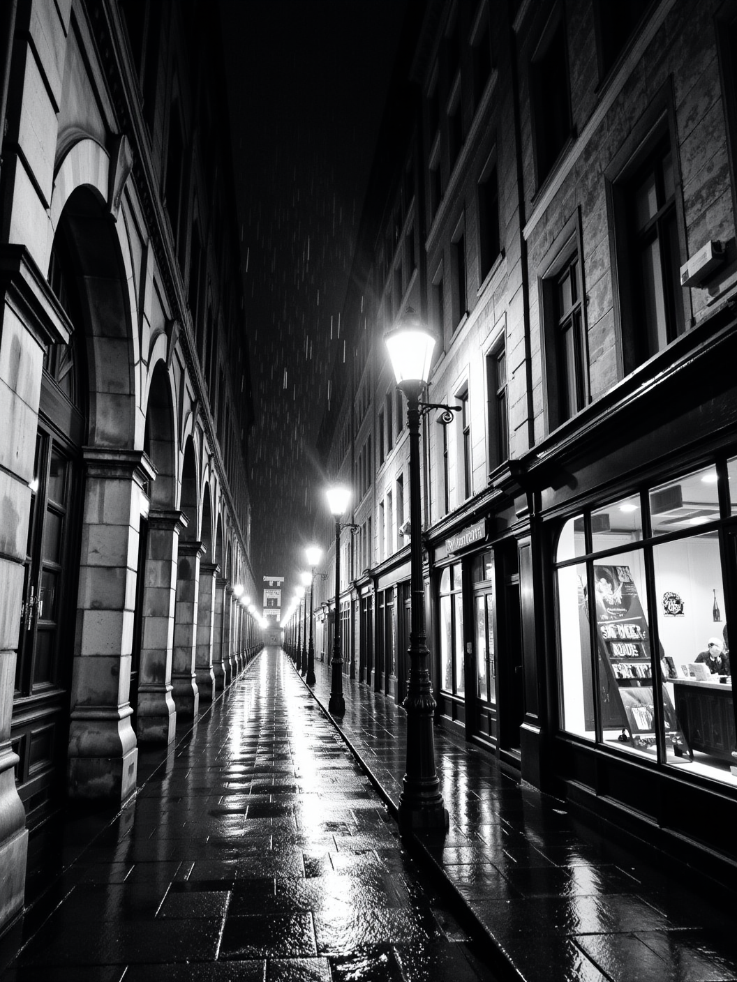 Black-and-white iPhone photo, nighttime, wet street, vintage architecture, deep contrasts, bright reflections of street lamps on the shiny pavement, large stone arches, rain-soaked streets glowing under soft white light, cozy vibe captured in the reflections of dark shop windows, moody and nostalgic.
