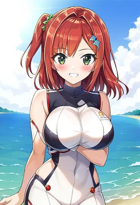 score 9, score 8 up, source anime, masterpiece, best quality, detailed eyes, detailed face, 1girl, solo, cowboy shot, outdoors, sky, blush, smile,
front view, facing viewer, 
Iruka Sakimiya, green eyes, red hair, one side up, large breasts,