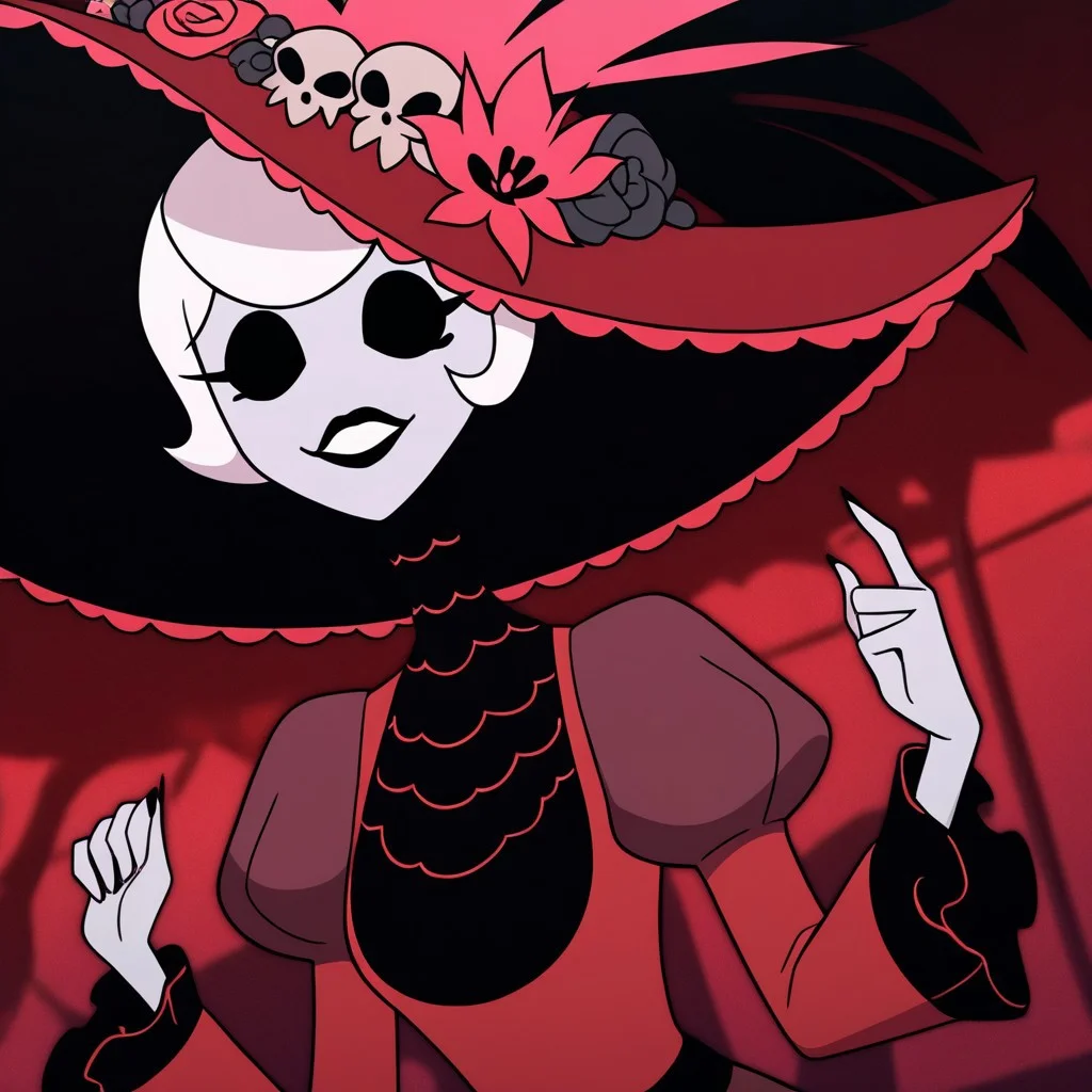 masterpiece, best quality, newest, absurdres, highres, HHp4ck-Style-V1.0, official style, 1girl, HHOVP-ROS-V1.0, hat, white hair, red dress, black lips, black eyes, colored skin, white colored skin, frilled hat, frilled sleeves, frills, hat feather, hat ornament, pufy sleeves, empty eyes, hat flower, red headwear, skull,