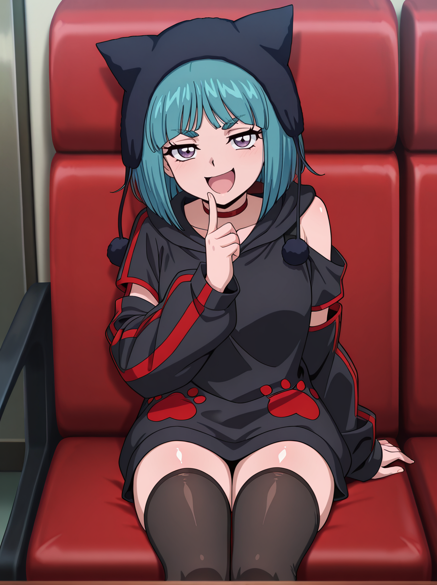 masterpiece, best quality, amazing quality, very aesthetic, absurdres, newest,shiny skin,  anime screenshot, anime coloring,  cardfight!! vanguard,  <lora:YunaSaionji:1>yunasaionji, 1girl, solo, short hair, blue hair, open mouth, choker, bangs, thighhighs, red choker, aqua hair, hood thick eyebrows,  smug, sitting,, cat hood, finger to mouth, black hoodie,