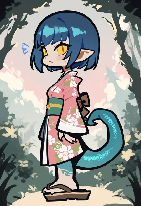score_9, score_8_up, score_7_up,
solo, 1 girl, pointed ears, yellow eyes, slit pupils, blue hair, blind bangs, short hair, hime cut, lizard tail, blue tail, lizard girl, medium breasts, skinny, claws,
standing, forest, surprise, pink kimono, short kimono, sandals, floral print, sun , sky, side view, looking at viewer, blush,
<lora:PungsonMoriChibi-style:1>, pungsonmorichibi, chibi,