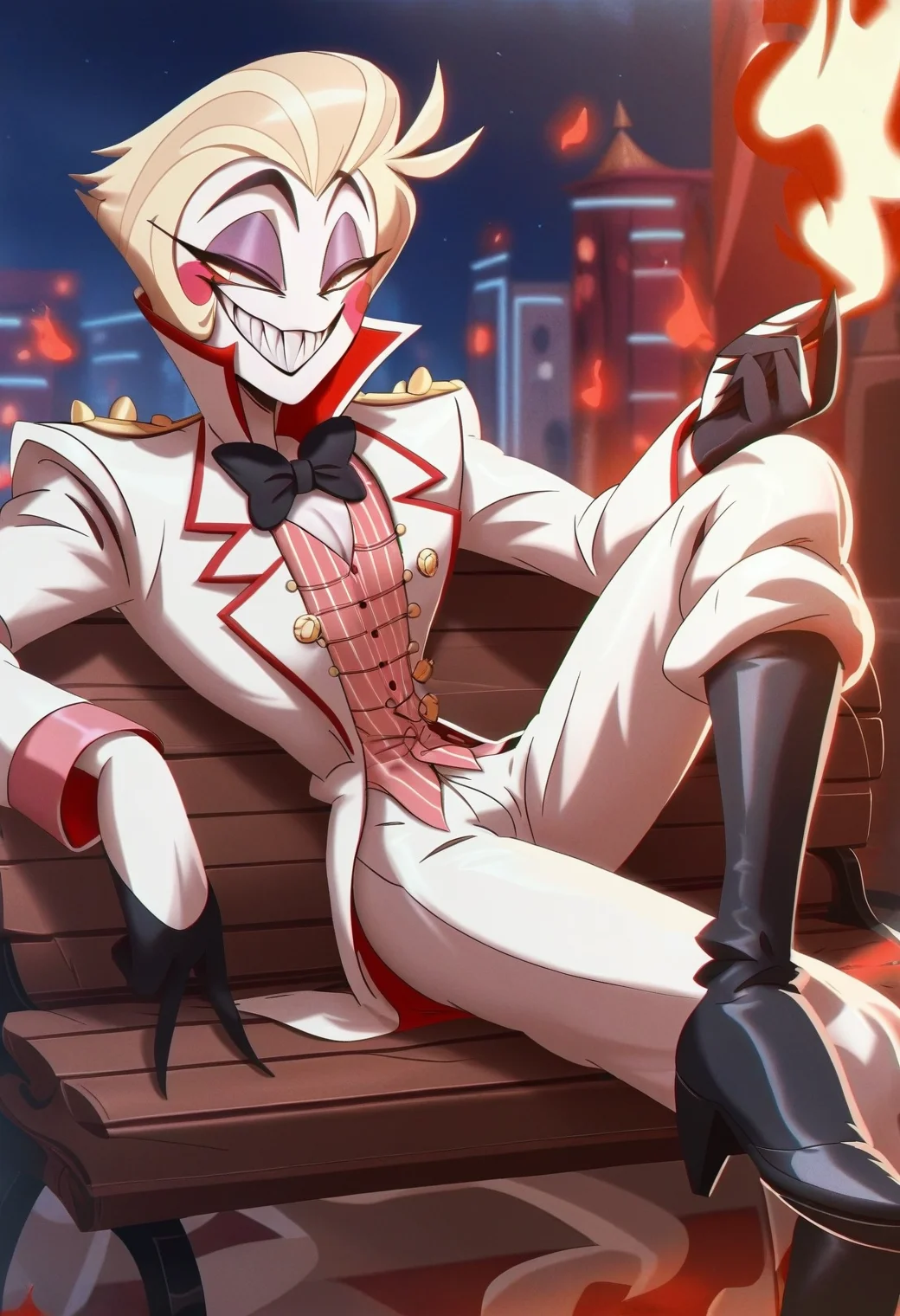 1boy, <lora:lilith_hazbin_hotel_ponyxl_v2:1>, lucifer morningstar \(hazbin hotel\), solo, full body, sharp teeth, white suit, formal, black boots, black footwear, evil grin, half-closed eyes, lying, black bow, pink vest, striped vest,
on bench, burning city, night, fire, skyscraper,
score_9, score_8_up, score_7_up, score_6_up, film grain