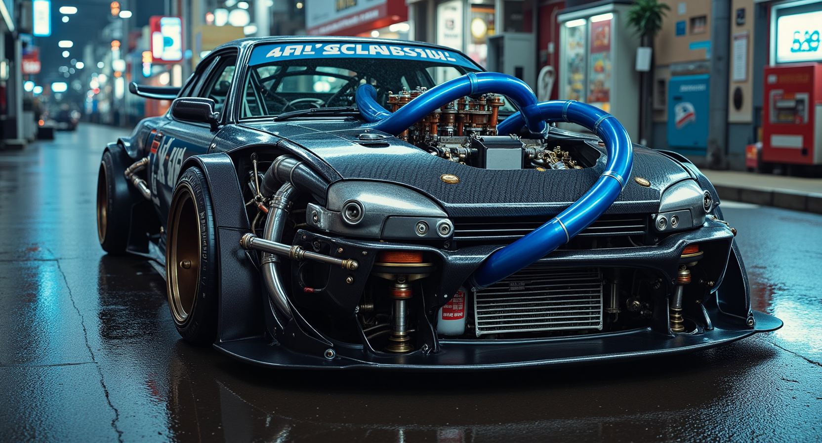 a highly modified street racing car, resembling a Nissan Silvia, with a jet-black carbon fiber body and bold cobalt blue mechanical tubing protruding from the hood and wheel arches, exposed intake manifolds and polished titanium piping snake across the engine bay and around the sides, external struts reinforce the fenders, rear panels feature mechanical joints and visible hydraulic pistons for the suspension, gold bolts and chromed couplings dot the surface, headlights are sleek and narrow, background is a Tokyo alley soaked in recent rain, with subtle blue reflections on the pavement, faint ambient glow from vending machines and building signs, no excessive neon, photorealistic, cinematic 35mm lens  








mg-mk.1
