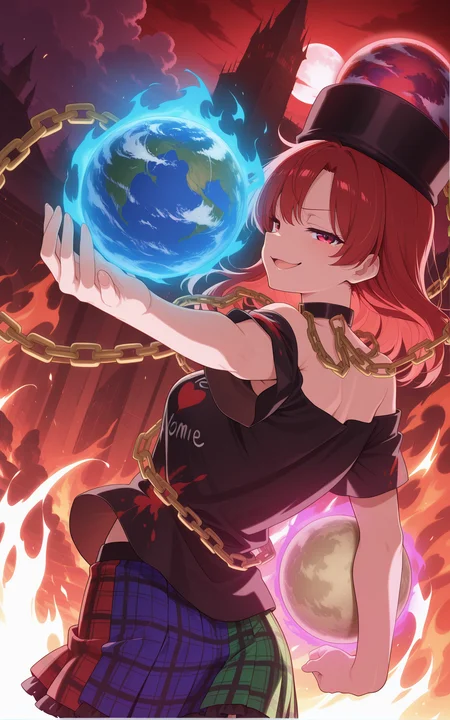absurdres, highres, masterpiece, best quality, amazing quality, official anime artwork, screencap, anime screencap, outdoors, dynamic pose,
 <lora:Hecatia-LapisLazuli_Illustrious:1> hecatia lapislazuli, 1girl, solo, red eyes, red hair, medium hair,, polos crown, black t-shirt, off-shoulder, bare shoulders, multicolored miniskirt, plaid miniskirt, chain, choker, earth ornament, moon ornament, 
cloud, red sky, night, smug, open mouth, looking at viewer,  hell, fire,