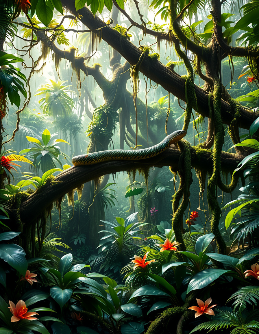 A dense and vibrant jungle,jungl3, captured in a realistic photographic style, with lush green foliage of various tropical plants, tall trees covered in moss and vines, and sunlight filtering softly through the canopy above. The atmosphere feels humid and alive, with small details such as ferns, orchids, and a scattering of tropical flowers in shades of red, yellow, and purple. A narrow, winding dirt path cuts through the undergrowth, partially hidden by fallen leaves and roots. The scene feels immersive and serene, with subtle mist lingering in the distance, enhancing the sense of depth and mystery. The overall lighting is natural, with dappled sunlight creating dynamic shadows on the ground and the surrounding plants.
<lora:jungl3:1><lora:SDXLFaeTastic2400:0.4> <lora:extremely_detailed:0.4> extremely detailed, Masterpiece,best quality,hi res,8k,hi res,8k,award winning,(sharp focus, intricate, highly detailed),