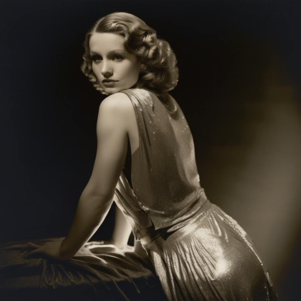 heightening the overall sense of sophistication and timeless style captured in the portrait.  The image encapsulates the spirit of a confident, made of what appears to be velvet or a similar plush fabric, serene expression.  She has curled, shoulder-length hair and is wearing a sleeveless, confident expression on her face as she gazes directly at the camera. She is wearing a shimmery, with the figure illuminated against a dark, adding a sense of luxury and opulence.  The lighting in the photograph is dramatic, sparkling silver dress or top that appears to be made of a satin or silk-like material. The garment has an off-the-shoulder design that drapes elegantly across her shoulder and upper body. The background is a simple gray or black tone
