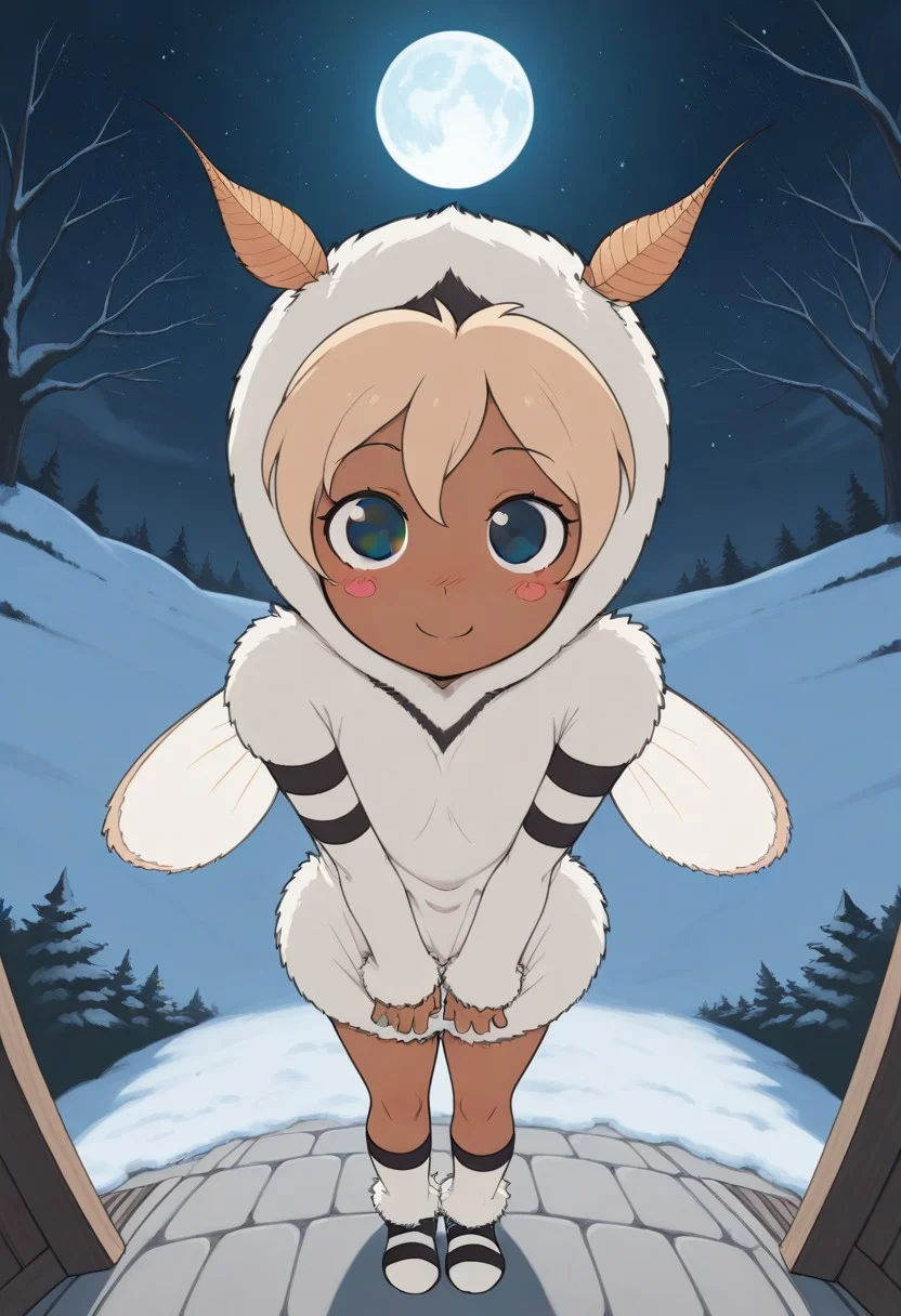 masterpiece, best quality, amazing quality, mothie, solo, full body, 1other, moth girl, dark skin, moth antennae, hood, blonde hair, black eyes, blush stickers, fur coat, moth wings, socks, smile, looking at viewer, perspective, starry night, full moon