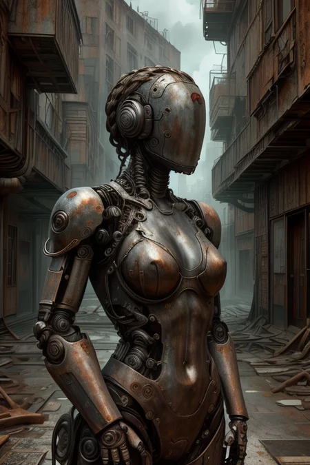 masterpiece,best quality,absurdres,high details,8K,photorealistic,<lora:OxideTech:0.7>,oxidetech,rusty steel,<lora:Concept_-_Hella-sthetic_v2:0.7>,post-apocalypse,ruins,abandoned city background,<lora:Bliznyashki:0.6>,robot,braided hair,jacket,(metal skin:1.3),moscow,