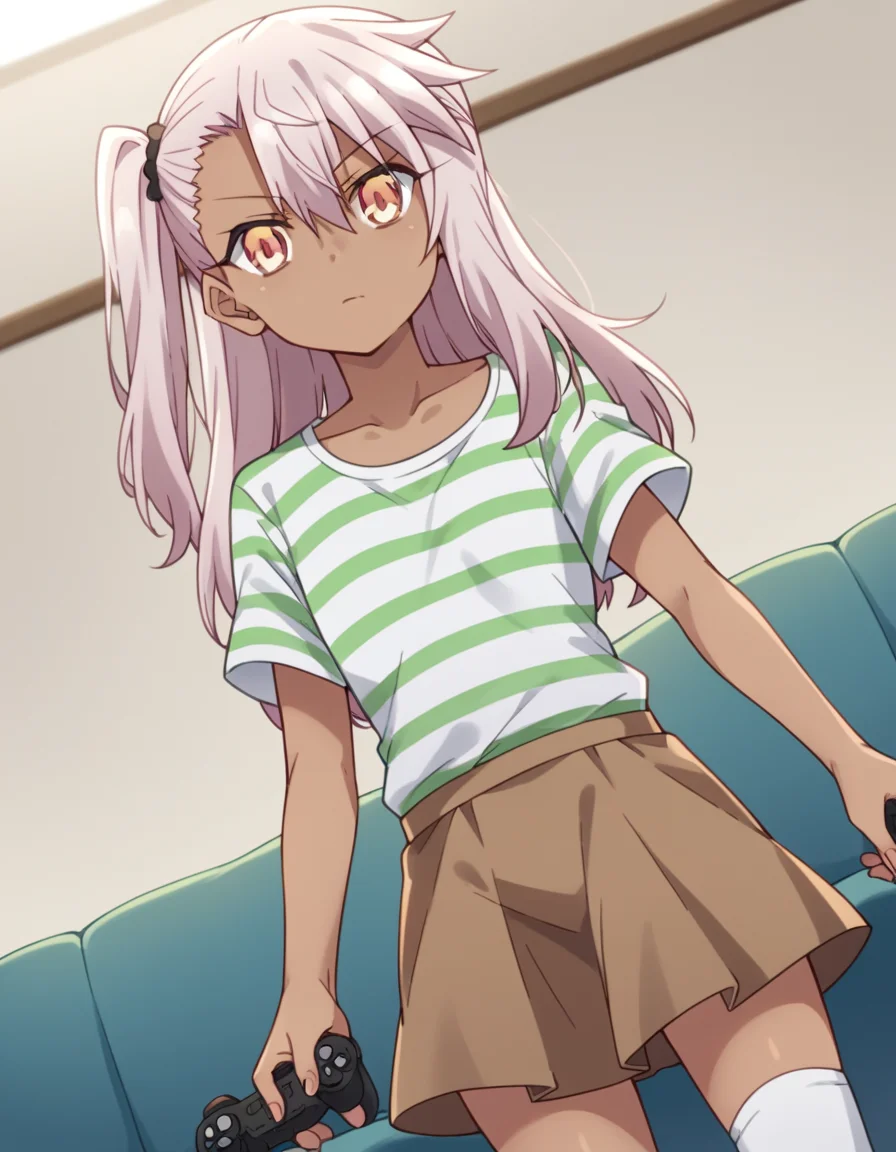 score_9, score_8_up, score_7_up, source_anime, <lora:chloe-von-einzbern-prisma-s2s3-ponyxl-lora-nochekaiser:1>,, chloe von einzbern, long hair, hair between eyes, yellow eyes, pink hair, dark skin, dark-skinned female,, skirt, shirt, collarbone, white shirt, short sleeves, shorts, socks, striped, one side up, white socks, brown skirt, striped shirt, green shirt,, living room, video game, controller, competitive, fun, afternoon, , looking at viewer, hand holding a cup, solo,, cowboy shot, dutch angle