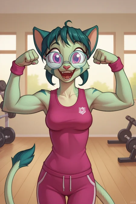 score_9, score_8_up,
solo,
l1l1th_dcp, glasses, tail,
happy, standing,
looking at viewer,
upper body,
in a gym, workout, flexing,
<lora:Lilith_Dreamkeepers_-_Prelude:1>