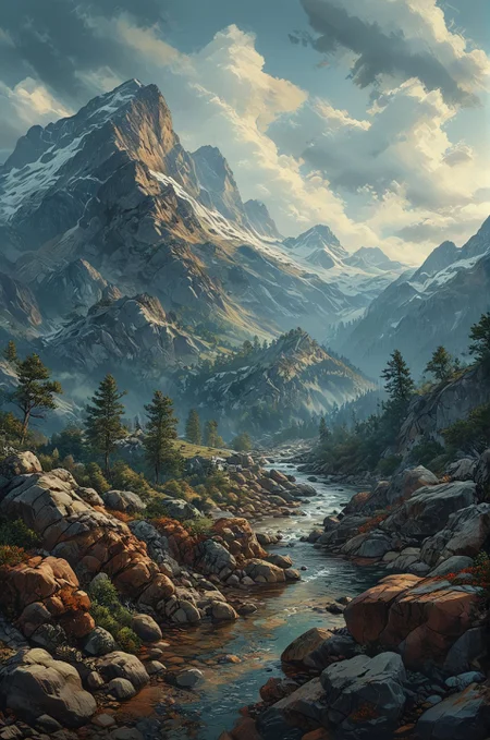 A hyper-realistic 3D rendering of a majestic mountain range, with peaks reaching into the clouds and valleys shrouded in mist. Each rock and crevice is meticulously detailed, capturing the rugged beauty of nature in exquisite detail. (masterpiece, award winning artwork)
many details, extreme detailed, full of details,
Wide range of colors, high Dynamic
<lora:EldritchMixIllustration_1.0:1.0>
<lora:add-detail-xl:0.89>
<lora:xl_more_art-full_v1:0.4>
<lora:MJ52:0.4>