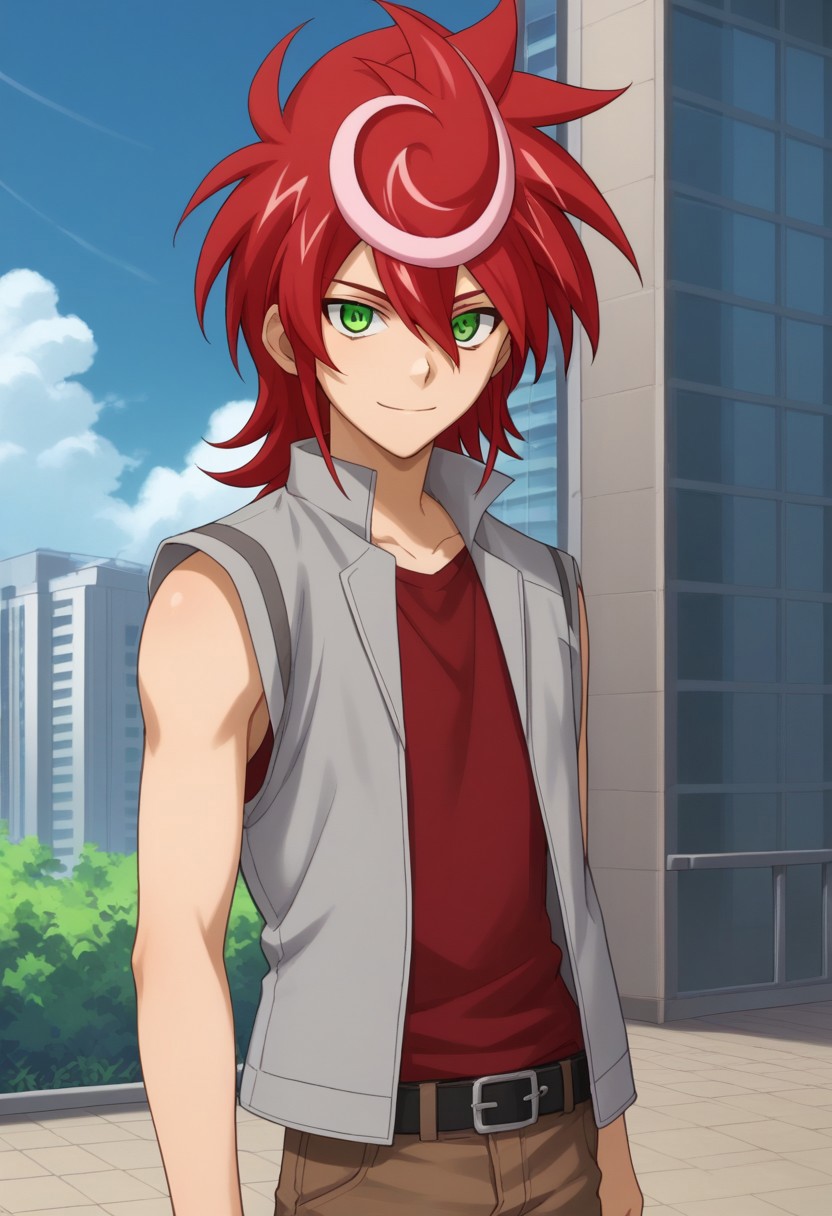 score_9, score_8_up, score_7_up, source_anime, highly detailed, 
shindou, 1boy, solo, male focus, red hair, green eyes, pants, belt, jacket, grey jacket, white jacket, multicolored jacket, sleeveless,
smile, spiked hair, upper body, standing, brown pants, looking at viewer,
shirt, hair between eyes, red shirt, multicolored hair, dyed bangs, two-tone hair,
outdoor, sky, buildings,