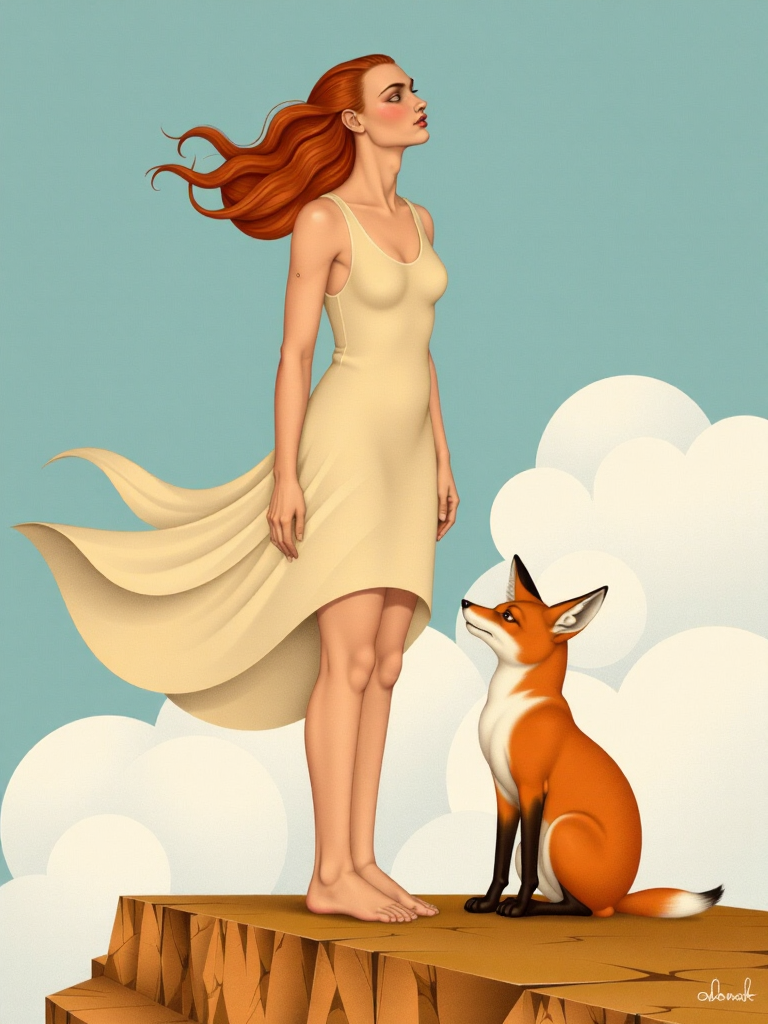 ODOM_art <lora:flux-lora-000006:1> A young woman with flowing, reddish-brown hair, stands On top of a cliff  with  rough textures.  Her pose is one of contemplation, gaze directed upwards, light and airy, floating amidst clouds. She wears a simple, light beige, flowing dress that billows gently.   the fennec is sitting beside her.  The fennec exhibiting a sense of quiet alertness.