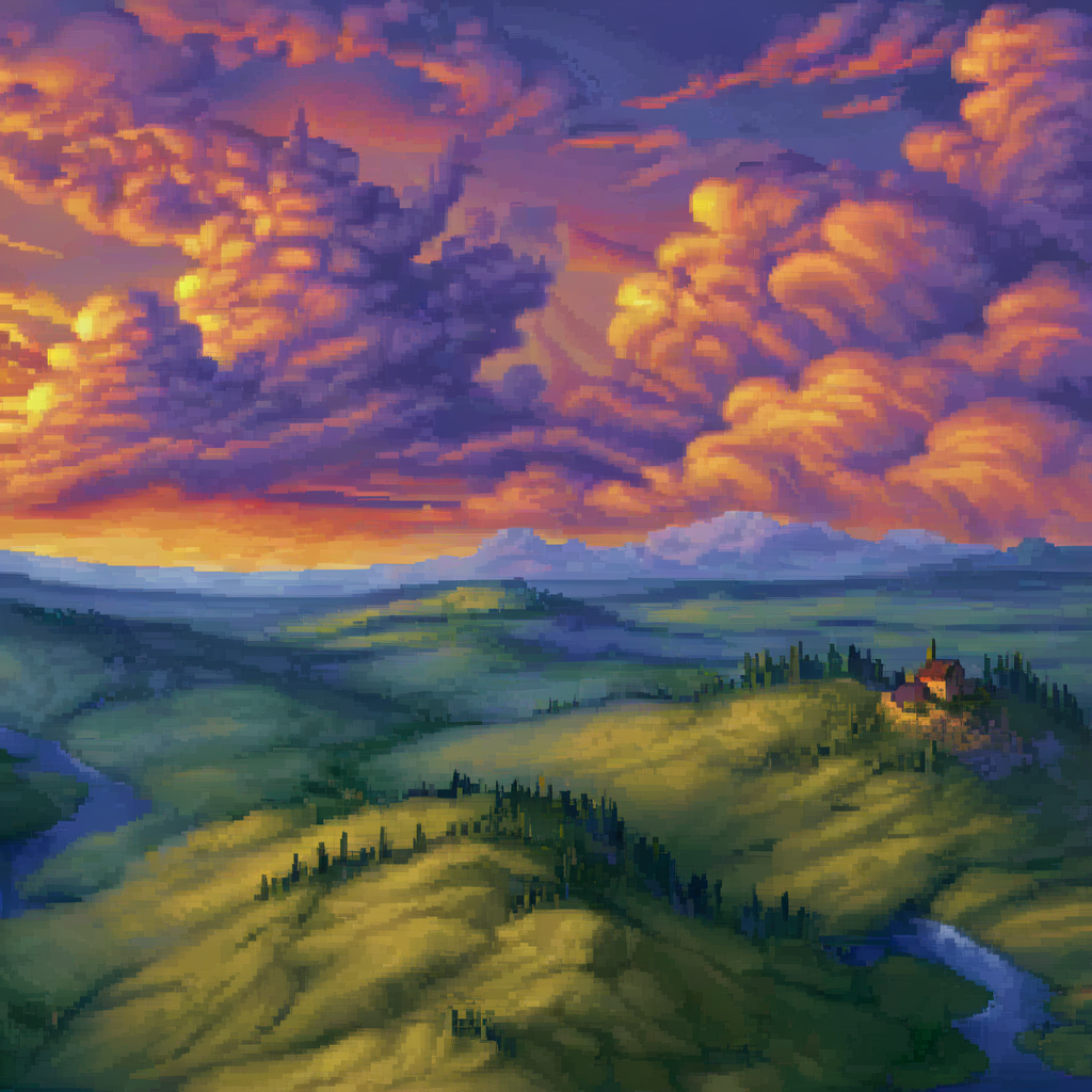 dosvga style,  beautiful landscape, sunset, clouds,<lora:dosvgaSDXLv4.1-000015:1>