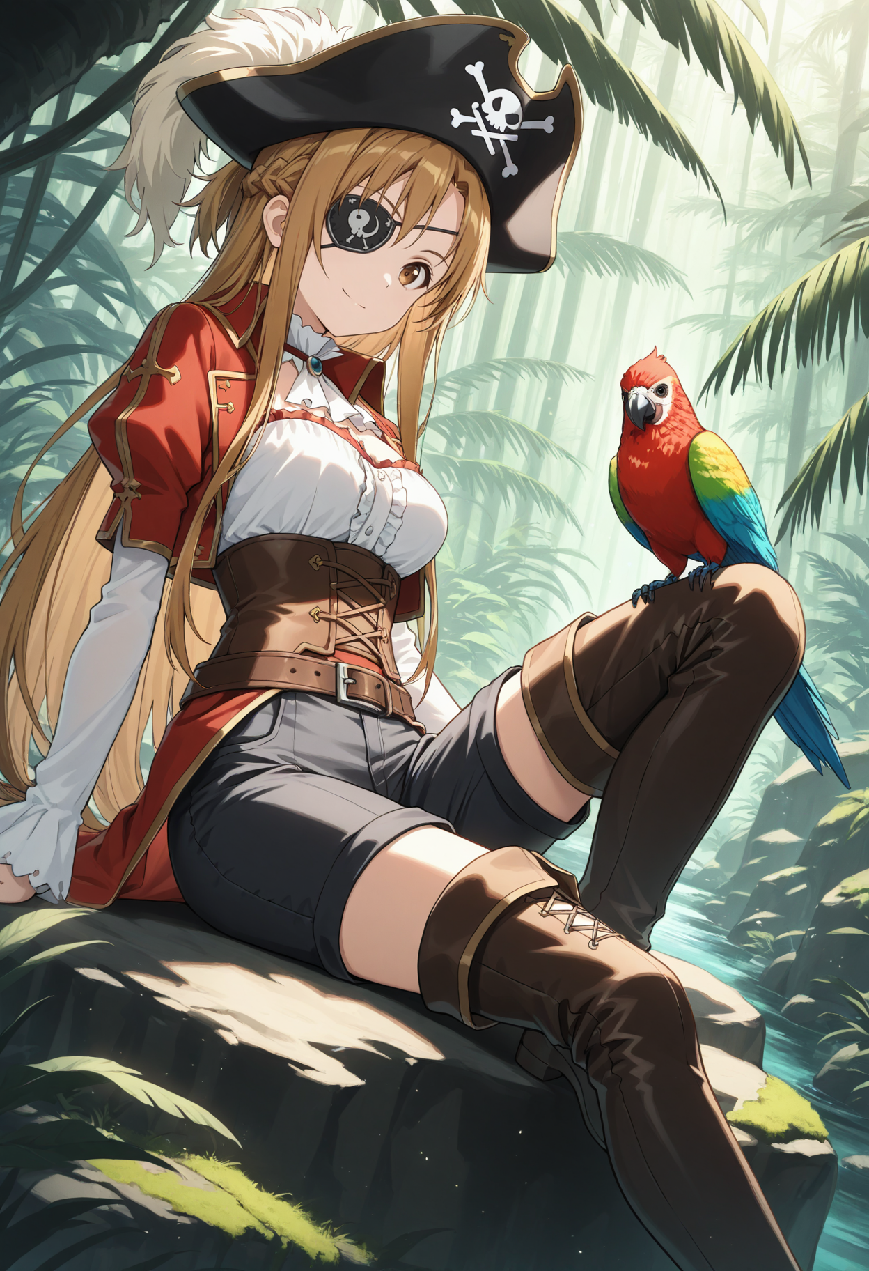masterpiece, best quality, 1girl, solo, aaasuna, long hair, brown hair, braid, pirate costume, eyepatch, tricorn hat, ruffled blouse, corset, high-waist pants, jungle, outdoors, rainforest, nature, sitting, from side, reclining, brown eyes, thigh boots, boots, bird on shoulder, bird, parrot, moss, rock, sitting on rock, dutch angle, looking at viewer, arm support, serious, closed mouth, smile
