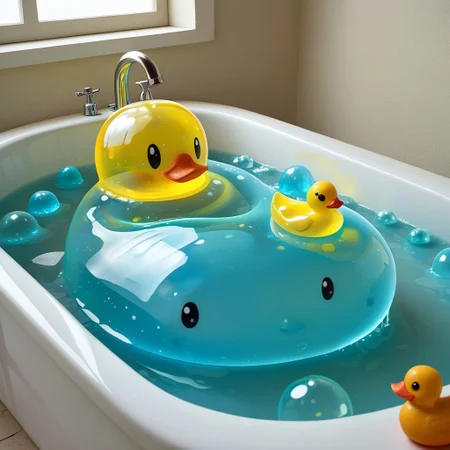 {1rubber duck, 1 rubber duck made out of slime, (slime rubber duck:1.5), yellow slime body, orange slime beak, glossy black eyes, translucent slime rubber duck, transparent slime rubber duck}
hud_sp_bth, flower, petals, water, bath, in an elegant bath tub, bubbles made out of slime, slimes hiding in the bath bubbles, bubble bath, perspective from inside tub, prespective from inside bath,
everything made of slime, No simple background,
((translucent slime)), ((transparent slime)), (bioluminescent slime), sl1m3d, slime, slime-morph, saturated colors, no humans, no people,