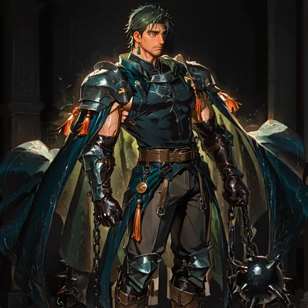 <lora:Ewan__Alchemist_Code:.75> tagatameewan, ewan_green hair, ewan_green eyes, 1boy, short hair, single earring, solo, male focus, manly, mature male, bara, muscular male, cape, pauldrons, elbow gloves, tassel, pants, boots, ball and chain (weapon),
short hair, male focus, muscular male, muscular male, bara, mature, (hairy body, hairy, body hair, glossy skin, bara, mature, facial hair, beard, full beard, sideburn, mustache, stubble), facial hair, bara, mature, body hair, aixiwuganda_(20222192), very awa, masterpiece, best quality, absurdres, newest, perfect quality, detailed background, intricate details,, <lora:slider_Body Type_alpha1.0_rank4_noxattn_last:3><lora:Anime Summer Days 2 Style SDXL_LoRA_Pony Diffusion V6 XL:.6><lora:merged:.7>, DARK, DARK BACKGROUND, LOW-KEY LIGHTING <lora:slider_cfg_scale_boost:.7><lora:Artist6p:.55>, Artist6p, Artist04p,<lora:slider_il_contrast_slider_d1:-.25>,<lora:slider_contract_controller_illus01_v1:.3>, <lora:addon_illustriousXLv01_stabilizer_v1.121:.5>,<lora:Heavenly_Beauty_r1:1>, (heavenlybeauty,)<lora:slider_style_strength_controller_illus01_v1:.25>