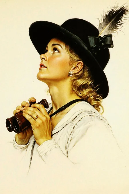 normanrockwell1 painting.
hafisher1. A woman looking up at the sky. She has light, wavy, golden-blonde hair peeking out from under a stylish, dark, wide-brimmed hat adorned with a large, ornate feather and a small black ribbon. She hold a small binocular with both her hands.
<lora:normanrockwell1_cap_d6a3e12:1.0><lora:841449445792134824:0>
