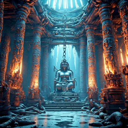 RAW photo, (masterpiece:1.3), subsurface scattering, heavy shadow, (high quality:1.4), (intricate, high detail:1.2), professional photography, HDR, High Dynamic Range, realistic, ultra realistic, photorealistic, high resolution, film photography, ambient lighting, atmospheric effects, <lora:detail_slider_v4:2>, OverallDetail, the interior of a dark and sinister exotic temple of an evil god, a female sacrifice chained to a column,, <lora:TemplesAndChurches-10:1>, epiCPhoto