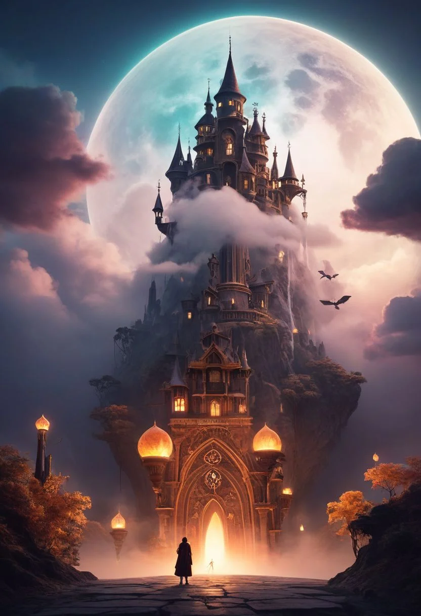 An academy for magic floating on clouds, with students practicing spells and mystical creatures flying around.