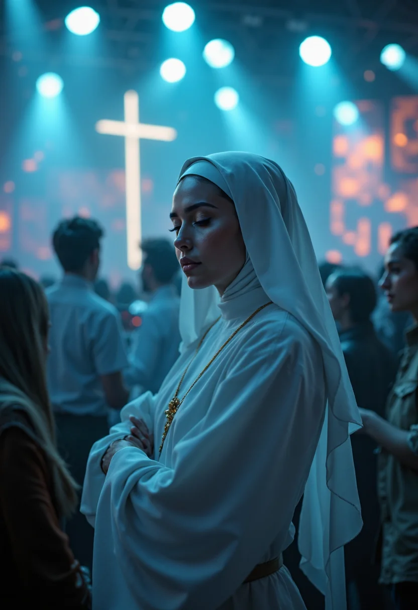 cinematic film still A serene yet vibrant scene unfolds as a nun, clad in her pristine white habit, stands confidently amidst the pulsating energy of a rave. Her brilliant white attire serves as a stark contrast to the kaleidoscope of colors that dance across the dimly lit room, casting an ethereal glow on her tranquil features. The soft focus lens captures the subtle nuances of her expression, conveying a sense of peacefulness amidst the frenetic atmosphere.
Her long, flowing dress and scapular blend seamlessly with the surrounding chaos, as if she's about to take the stage herself. The veil that frames her face adds an air of mystery, its delicate folds glistening with a hint of dew-kissed softness.
The DJ, lost in his craft, spins a mesmerizing beat that synchronizes perfectly with the flashing lights and undulating crowd. His eyes closed in rapt attention, he's oblivious to the nun's presence, yet somehow connected to her serene aura.
In this captivating tableau, the camera's wide-angle lens captures the essence of the scene, encompassing every detail from the DJ's fingers moving deftly over his equipment to the nun's slender hands gently swaying in time with the music. The soft focus effect dissolves the boundaries between the subject and the surroundings, creating a harmonious fusion that embodies the spirit of unity.
As the lights and colors blend together in perfect harmony, they create an otherworldly atmosphere that transcends the realm of the mundane. This is where art and reality converge, where the boundaries of time and space are pushed to their limits, and where the beauty of chaos lies. . shallow depth of field, vignette, highly detailed, high budget, bokeh, cinemascope, moody, epic, gorgeous, film grain, grainy