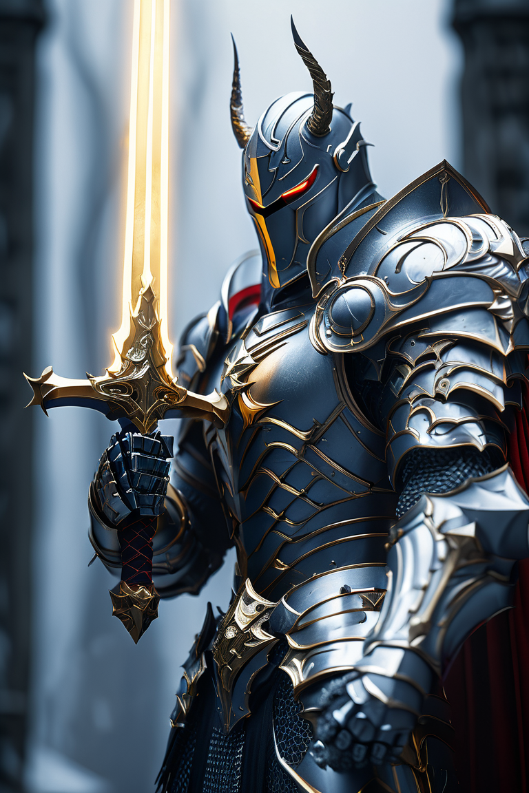 Cinematic shot of a thunder knight wearing a armor, holding thunder glowing sword by the handle, sword pointing down, heaven in background, reflective light, HKStyle, HD, masterpiece, best quality, hyper detailed, ultra detailed, super realistic