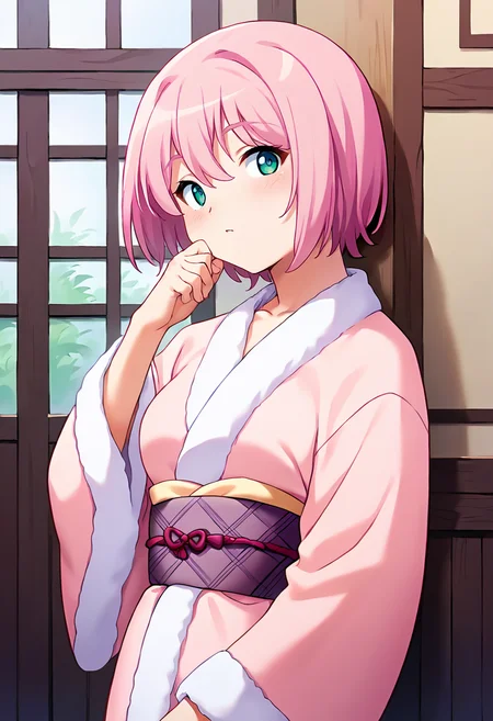 score_9, score_8_up, score_7_up, masterpiece, source_anime 1girl, ct_m0m0, aqua eyes, pink hair, short hair, medium breasts, fur-trimmed kimono, light pink short kimono, obi, looking at viewer, indoors, wooden wall, upper body, hand up, <lora:SaotomeMomo_Pony_ct_ver2:1>