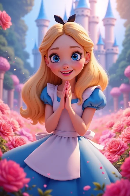 Animated Films of AliceWaifu, she is say hi, arms together in a cute way, solo focus, roses around, dress, hair bow, a lot of flowers, castle, bridal, magic particles, pastel colors, perfect composition, dynamic shot, Animated Films, often for animated characters, creative visuals, or family-friendly entertainment, cowboy_shot