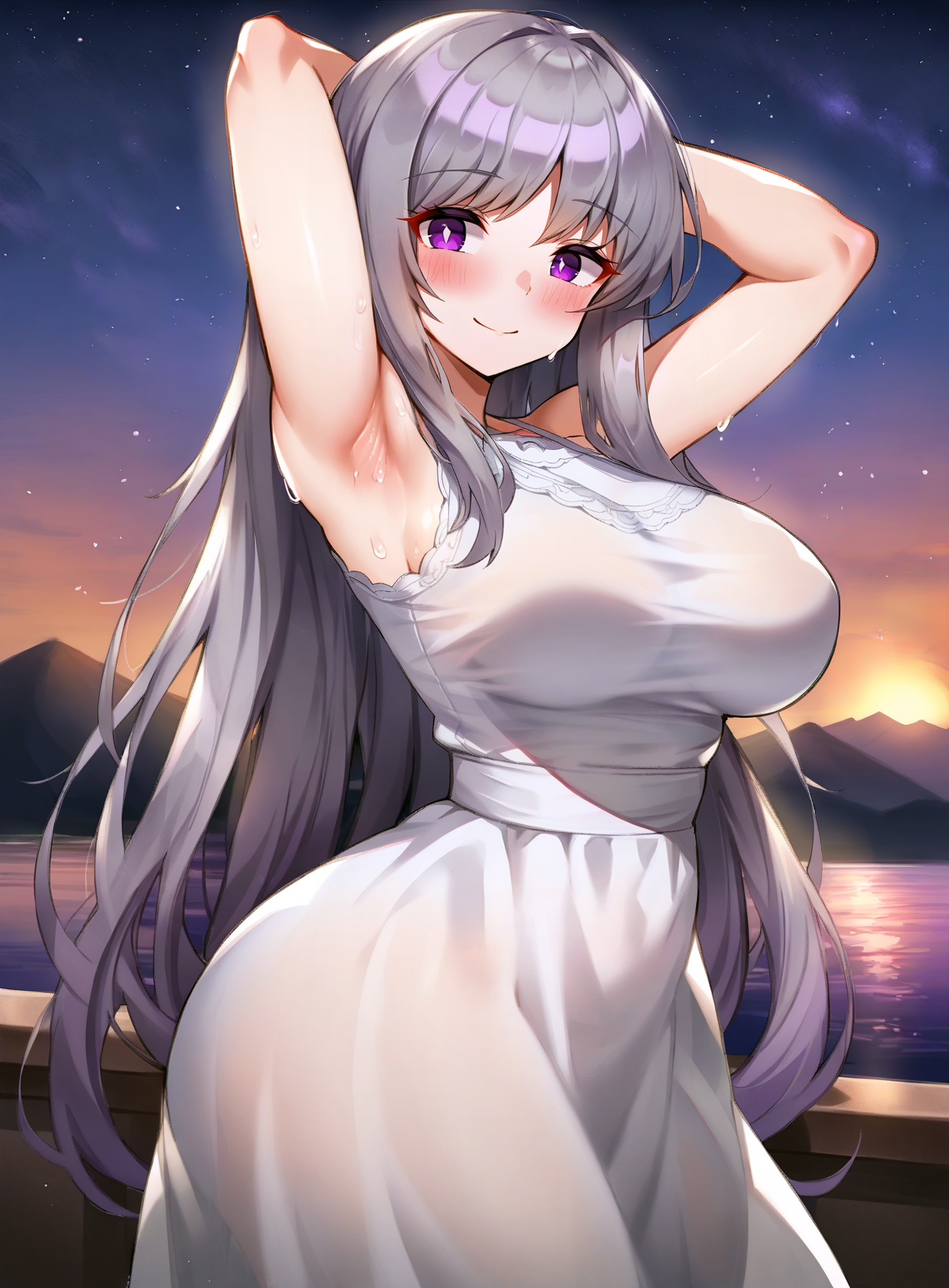 score_9, score_8_up, score_7_up, score_6_up, score_5_up, score_4_up, 
gradient background, 
refraction, caustics, rim lights, backlighting, bloom, gradient background, 
BREAK
source_anime, day, sky, sunlight, sunbeam, horizon, vaporwave, clouds, sunset, starry sky, light particles, particle effects, sunrise, scenery, purple theme, outdoors, 
BREAK
1girl, purple eyes, closed mouth, blush, happy, smile, parted lips, 
grey hair, very long hair, sweat, 
large breasts, shiny skin, narrow waist, wide hips, 
sundress, white dress, see-through silhouette, 
looking at viewer, perspective, dynamic pose, pose, from side, arms up, armpits, arms behind head, 
<lora:Milimon-v1-PDXL:1>