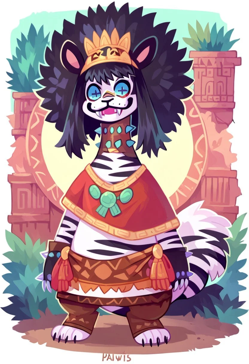 score_9, score_8, score_7, source_furry, aztec, aztec clothing,
Vivian(FV), tiger, anthro, (white and black fur), striped fur, black hair, afro, long neck, claws, fangs, long tail, cross shaped pupils, fingerless gloves, spiked collar,
(full body),
aztec background, outdoors, detailed background,