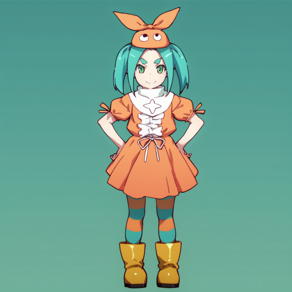 score_9, score_8_up, score_7_up, score_6_up, score_5_up, score_4_up, source_anime, , Yotsugi, short hair, twintails, green eyes, aqua hair, thick eyebrows, orange headwear, yellow footwear, striped pantyhose, rubber boots,  , soft smile, standing, hands on hips