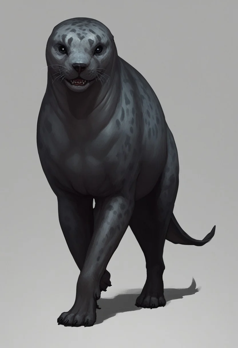 A large feral quadruped leopard seal
BREAK: masterpiece, score_8_up, score_7_up, score_9_up, best quality, horror, hard shadows, somber, spooky, horror theme
BREAK: by oouna, blank background three quarter view
score_9, score_8_up, score_7_up, masterpiece, walking, side view
BREAK: solo, male, seal, gray skin, feral, grey fur, white sclera, black eyes, seal head, feral head, thick neck, three quarter view, muscular, muscular male, bulky, earless, sleek fur, digitigrade legs, webbed paws, monster, monster, feral animal, quadruped
BREAK: ((quadruped)), hybrid, dog, seal tail, leopard seal characteristics,