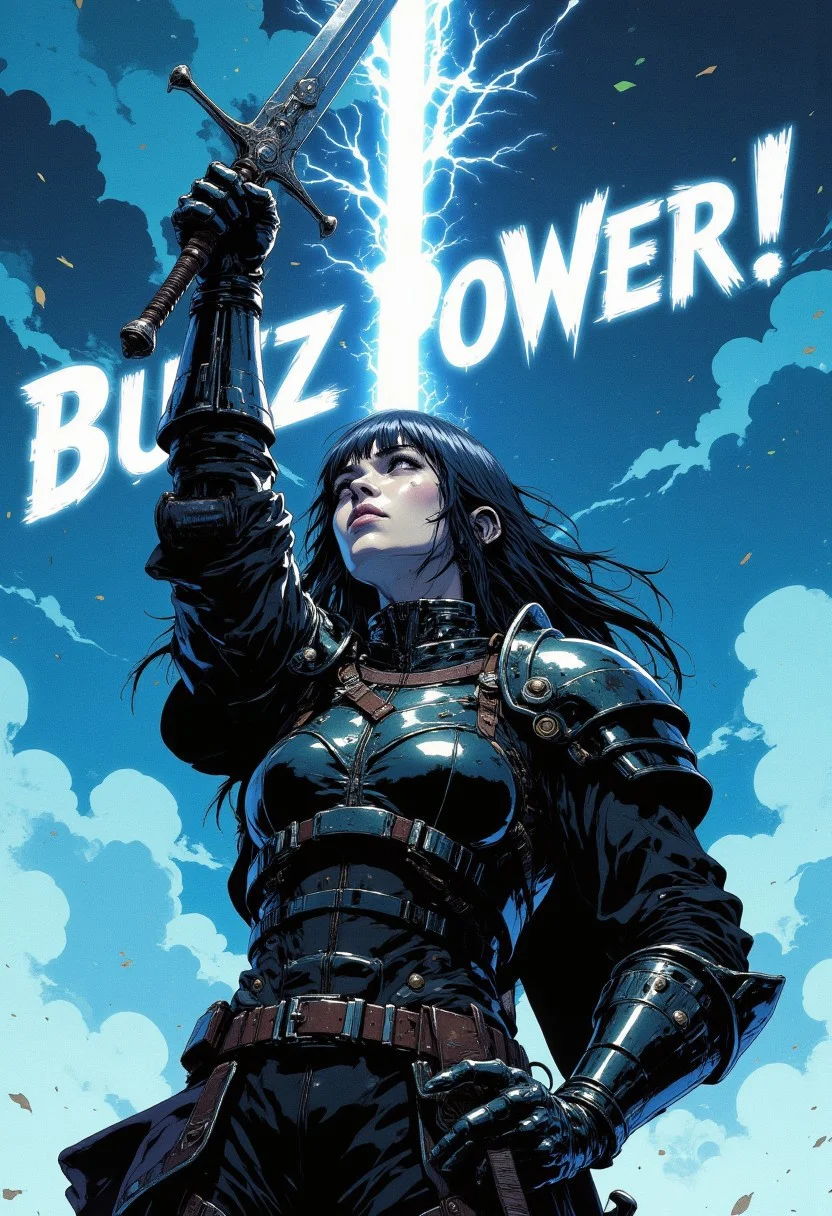 Goth girl with long black hair and blunt bangs. In black leather armor. Raising her sword the sky. A beam of light shoots up from the sword. Text on screen in large electric font"Buzz Power!" CAICO
