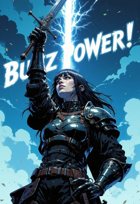 Goth girl with long black hair and blunt bangs. In black leather armor. Raising her sword the sky. A beam of light shoots up from the sword. Text on screen in large electric font"Buzz Power!" CAICO
