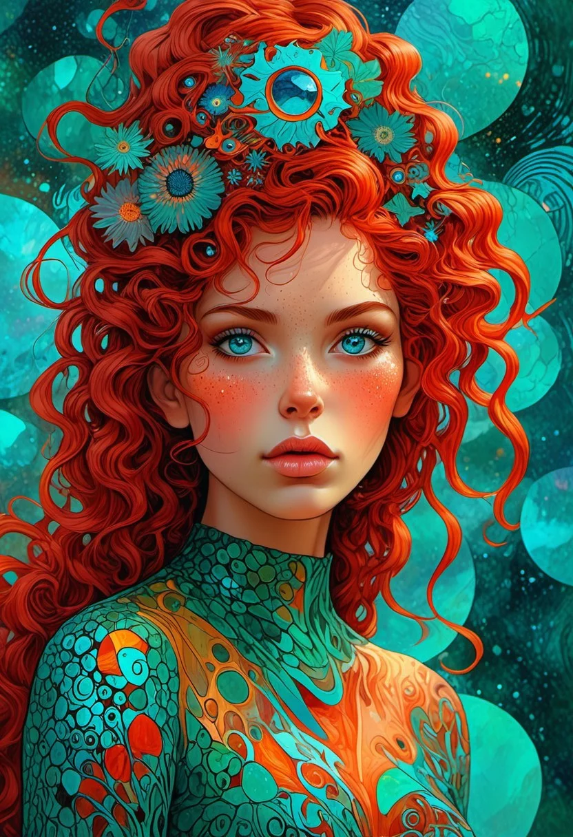 The composition includes evil female, red short dress, curly red hair with glitter, The composition includes beautiful, exotic, magical, surreal, full view, Long teal curly hair, planet intricately detailed, the surreal figure of Long teal curly hair,g0thicPXL,woodland freckled fairy, day sky, sunny, heavy rain, big eyes, The image is a digital art piece that appears to be a portrait of a woman's face view, create a sense of detailed, abstract, trippy, 60s style, op art, cell shaded, 8k. The composition includes overlapping circles, sharp-edged polygons,