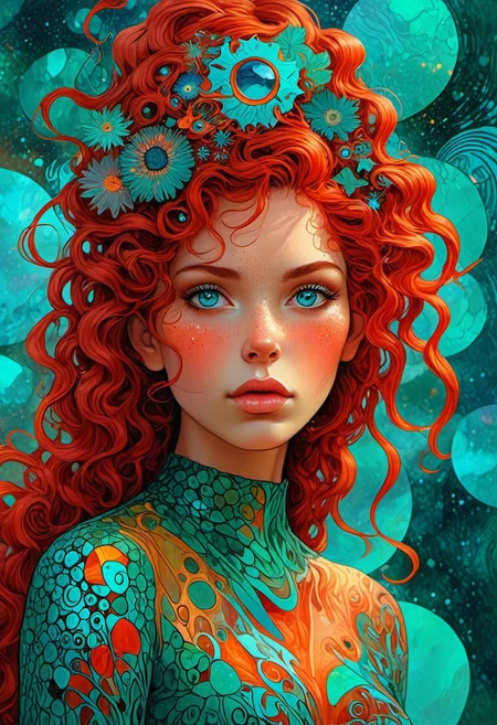 The composition includes evil female, red short dress, curly red hair with glitter, The composition includes beautiful, exotic, magical, surreal, full view, Long teal curly hair, planet intricately detailed, the surreal figure of Long teal curly hair,g0thicPXL,woodland freckled fairy, day sky, sunny, heavy rain, big eyes, The image is a digital art piece that appears to be a portrait of a woman's face view, create a sense of detailed, abstract, trippy, 60s style, op art, cell shaded, 8k. The composition includes overlapping circles, sharp-edged polygons,