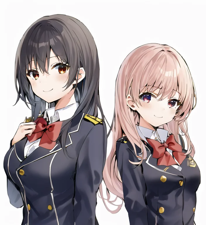 2girls, bangs, by sky-freedom, multiple girls,(navy blazer uniform, red bowtie,:1.1) smile, simple background, masterpiece <lora:skyfreedom-v1-8k-lora:1.5>
